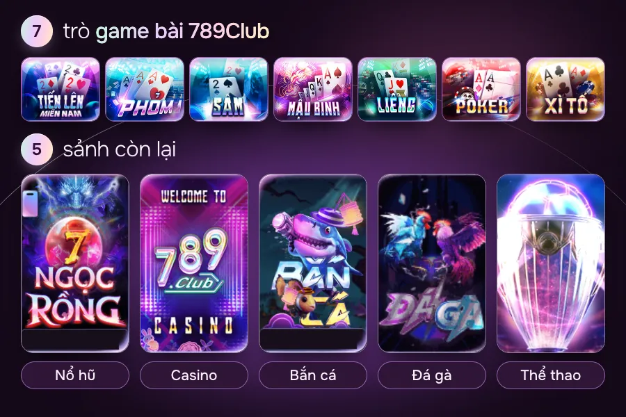 7 trò game bài 789Club và 5 sảnh nổ hũ, casino, bắn cá, đá gà, thể thao